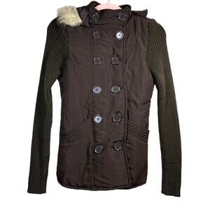 JJ Always Brown Mock Neck Sweater Jacket Fur Hood Medium